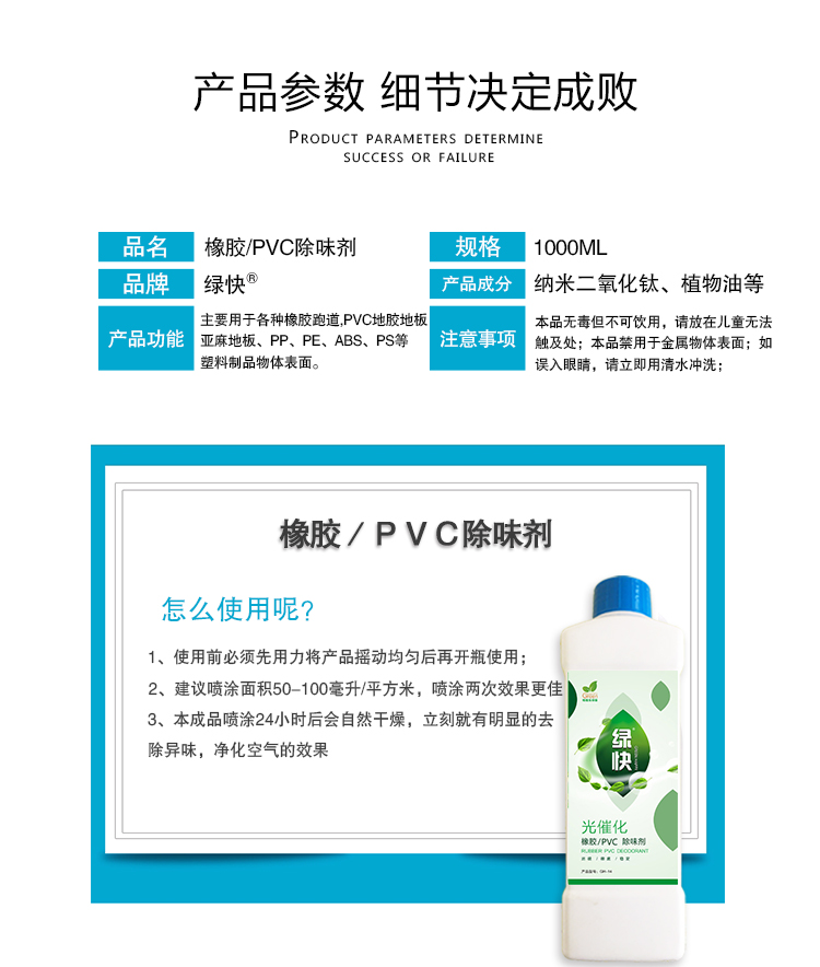 產(chǎn)品參數(shù)細(xì)節(jié)決定成敗,橡膠PVC除味劑,1000ML,綠快,納米二氧化鈦,植物油等,主要用于各種橡膠跑道,PVC地膠地板,亞麻地板,PP,PE,ABS,PS等塑料制品物體表面,本品無毒但不可飲用,請放在兒童無法觸及處,本品禁用于金屬物體表面,如誤入眼睛,請立即用清水沖洗,橡膠PVC除味劑怎么使用呢？1使用前必須先用力將產(chǎn)品搖動均勻再開瓶使用,2建議噴涂面積50-100毫升/平方米,噴涂兩次效果更佳,3本成品噴涂24小時后會自然干燥,立刻就有明顯的祛除異味,凈化空氣的效果