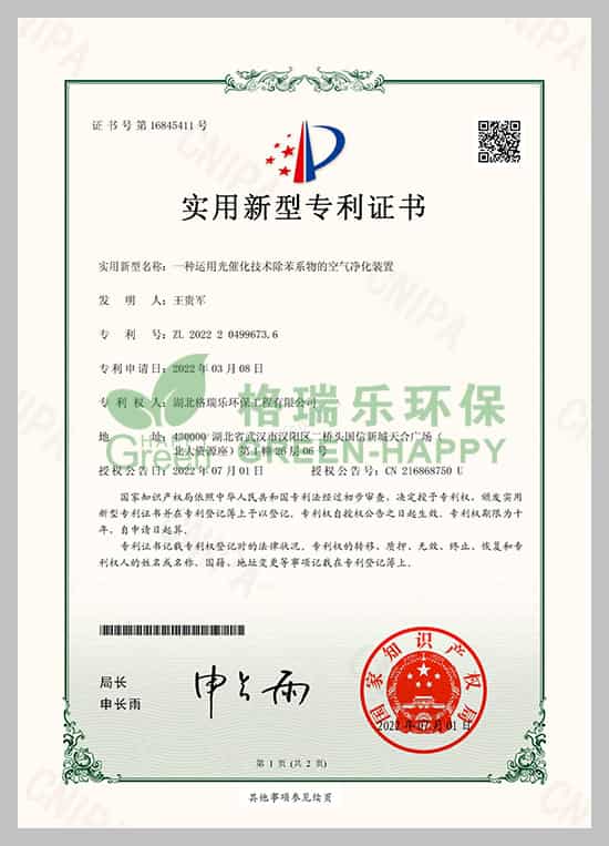 格瑞樂專利,實(shí)用新型專利,光催化技術(shù),室內(nèi)除苯系物,空氣凈化裝置