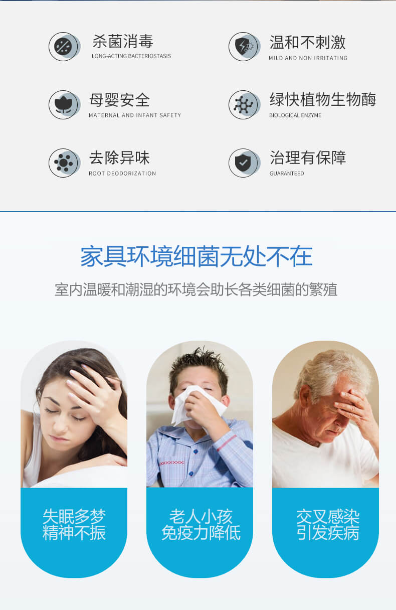殺菌消毒，溫和不刺激，母嬰安全，綠快植物生物酶，祛除異味，治理有保障，家具環(huán)境細菌無處不在，室內(nèi)溫暖和潮濕的環(huán)境會助長各類細菌的繁殖，失眠多夢，精神不振，老人小孩免疫力降低，交叉感染，引發(fā)疾病